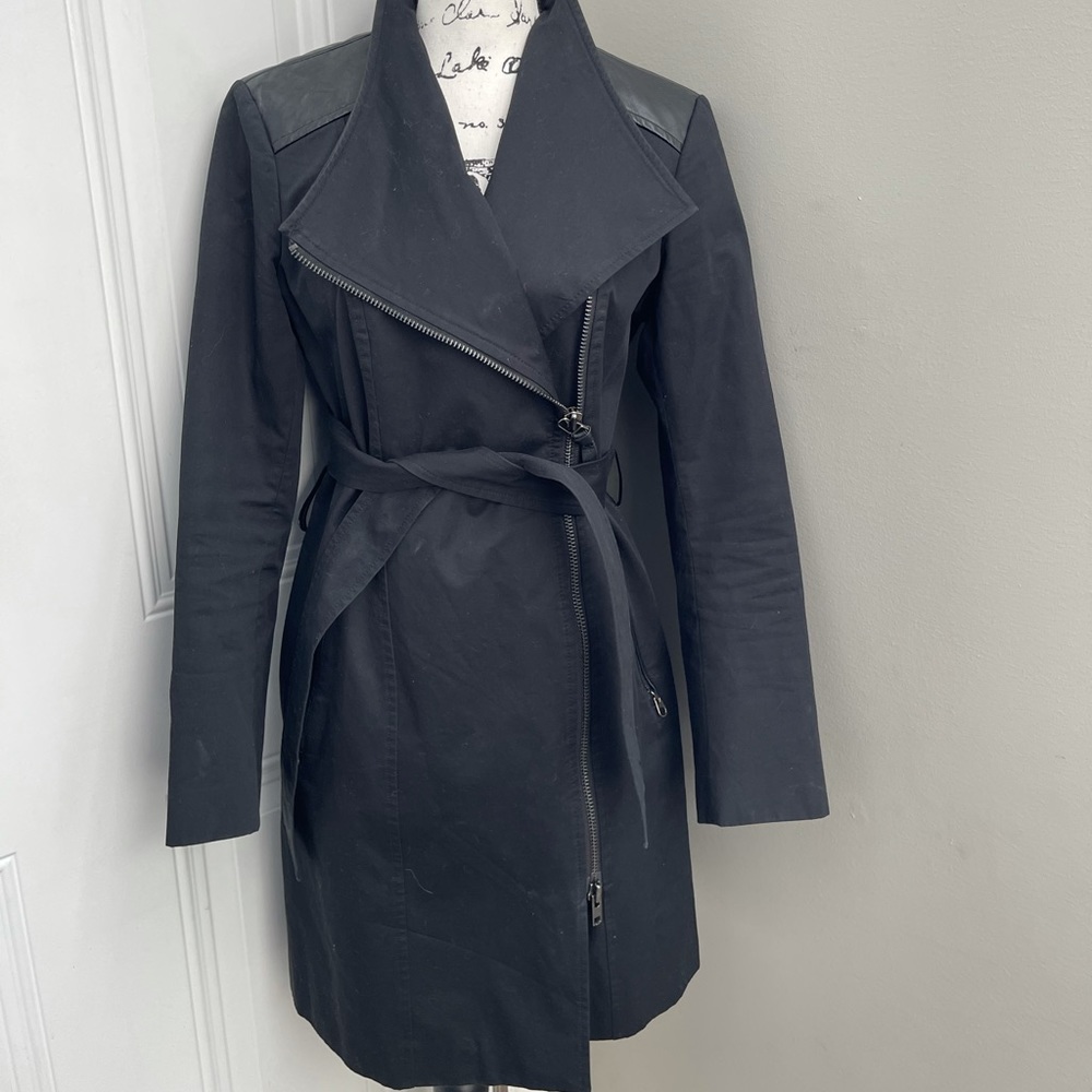 Women's MACKAGE Estela Asymmetric Belted Leather Trim Trench Coat Medium.